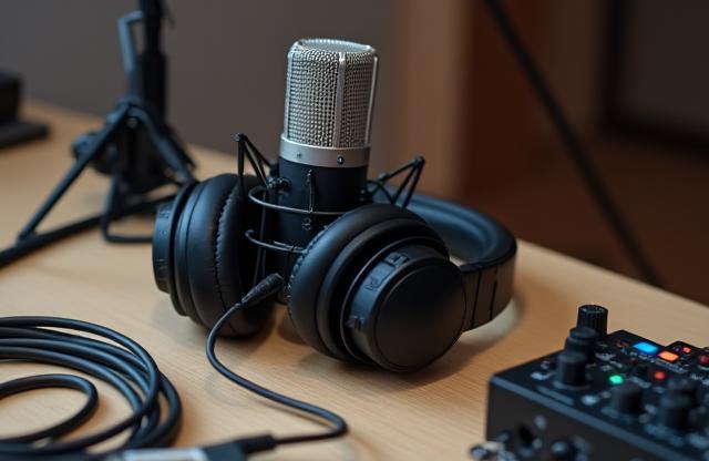 Podcast recording equipment including microphone, headphones, and mixer