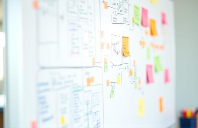 Whiteboard with marketing plan diagram and sticky notes