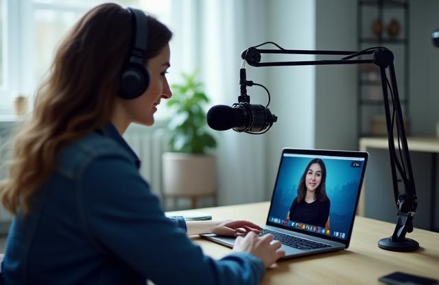 Someone setting up equipment for a remote podcast interview