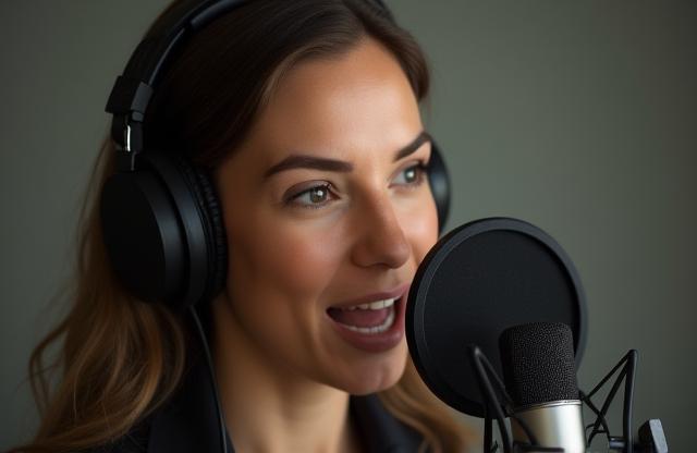 Person speaking confidently into a microphone