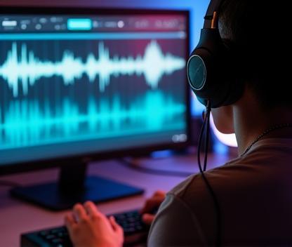 Person with headphones editing audio waveforms on a computer